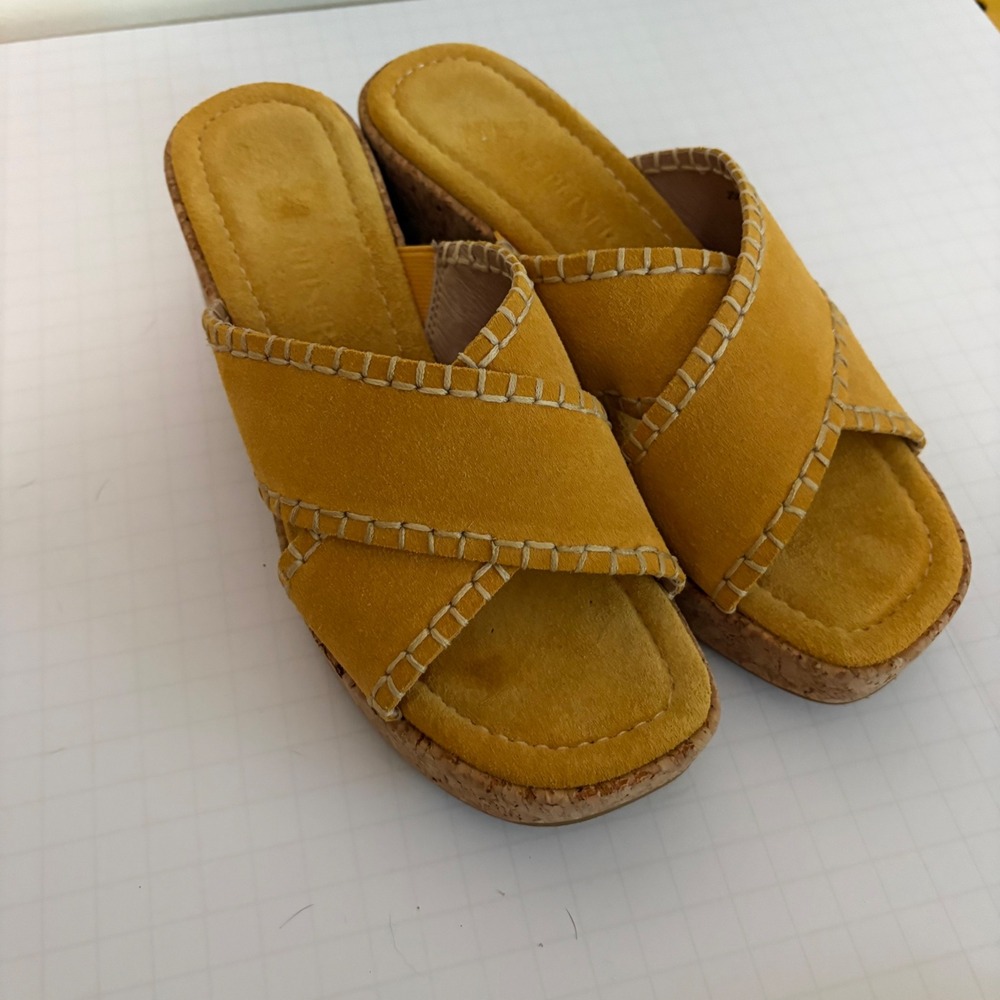 Donald Pliner Jocelyn Mustard Yellow Suede Cork Platform Wedge Sandals 6.5M